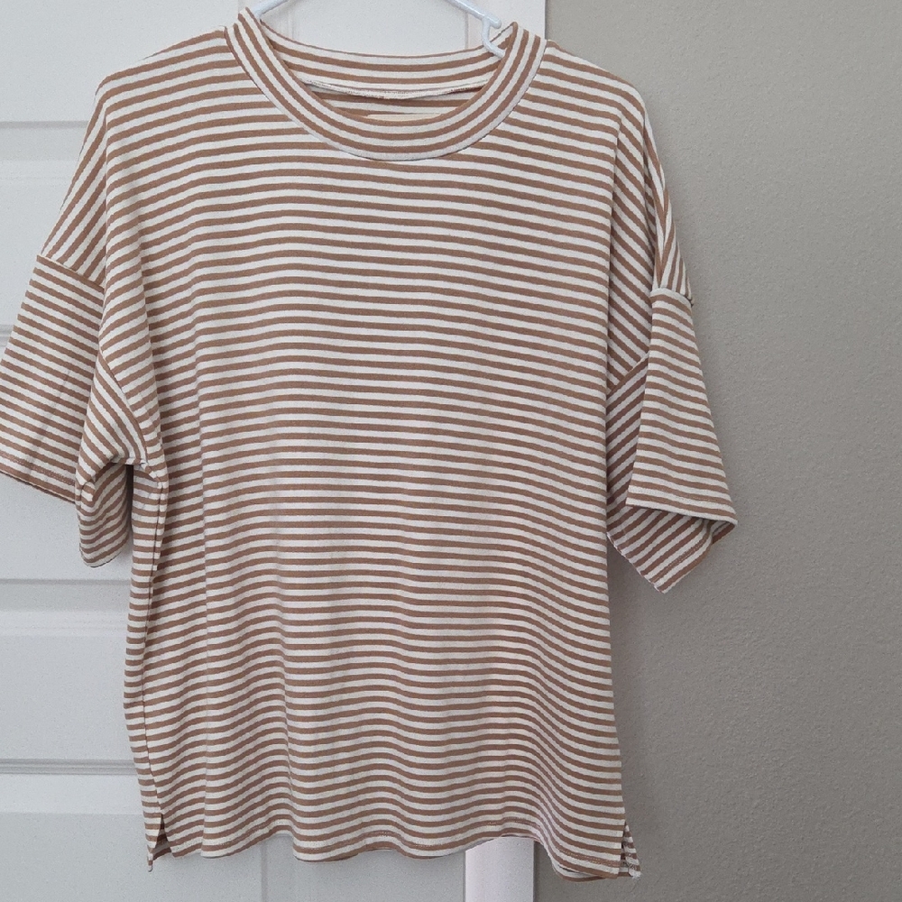 NWOT - Holley Girl Tan And Cream Striped Tshirt